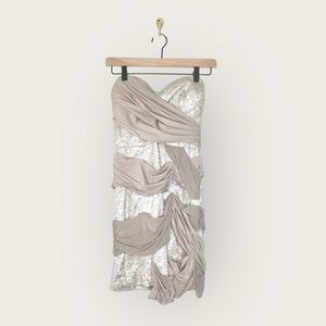 BEBE taupe wrap strapless mini bodycon dress (Sz XS)